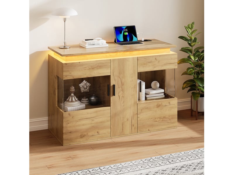 Buffet bas led avec prise et ports usb 120 cm chêne clair evryae - Conforama D