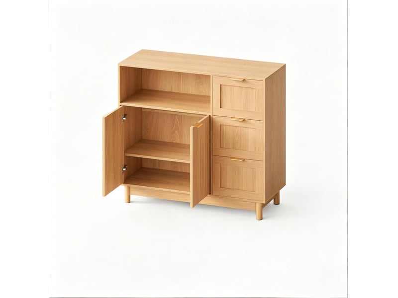 Buffet modenvie en effet bois 90 x 35 x 80 cm avec 3 tiroirs, 2 portes, niche ouverte, panneaux de particules et mdf - Conforama A