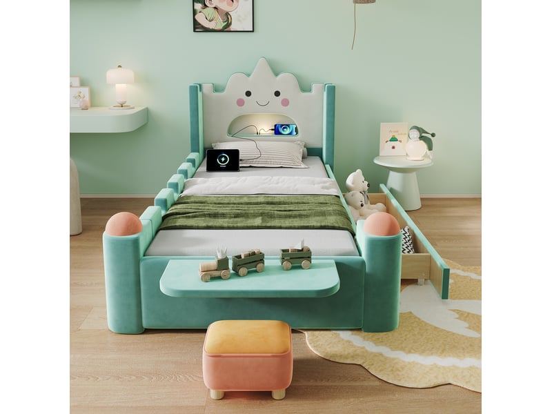  Lit enfant 90x200 cm bleu-vert en velours avec tiroir, led et usb  - Conforama D