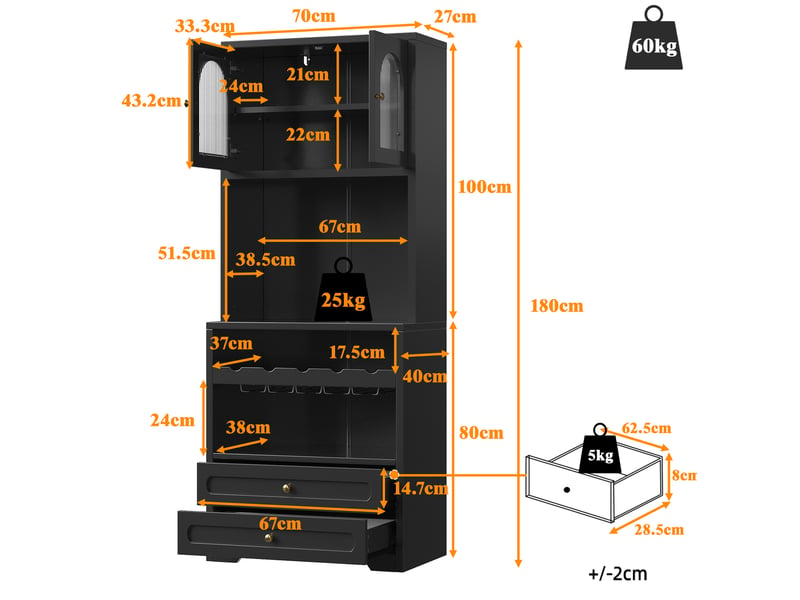 Vaisselier noir 70 x 40 x 180 cm, led pilotée par application et range-bouteilles  - Conforama C