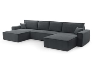 Canapé d'angle panoramique convertible <strong>AX LIVING </strong> <strong>Cedria U</strong> 5 places Velours côtelé gris avec coffre de rangement