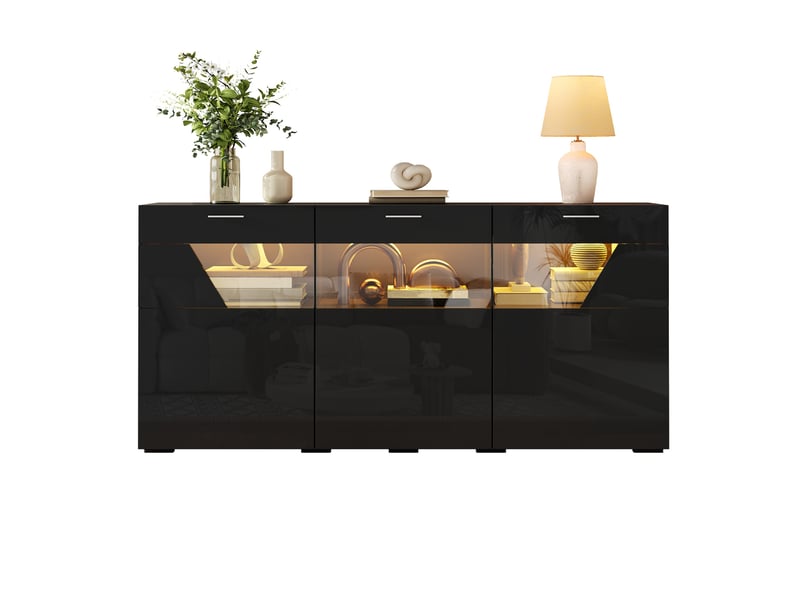  Buffet vitrine, 3 portes vitrées, grand rangement fermé, led pilotée par appli et façades brillantes pour salon, panneaux de particules,noir evarich - Conforama A