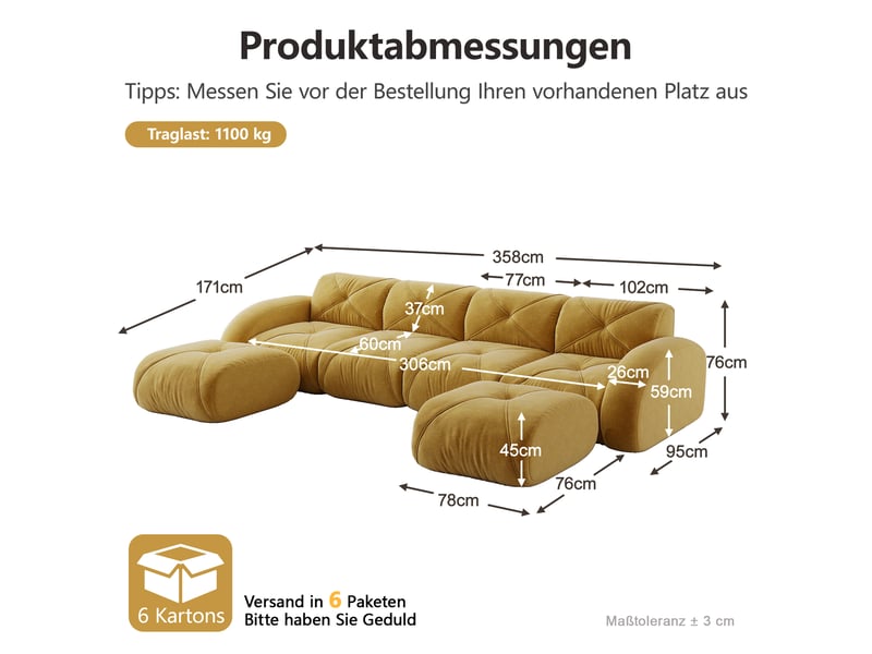 Canapé d’angle panoramique 4 places en tissu jaune, 358 cm, avec 1 poufs W3325S00350 - Conforama C