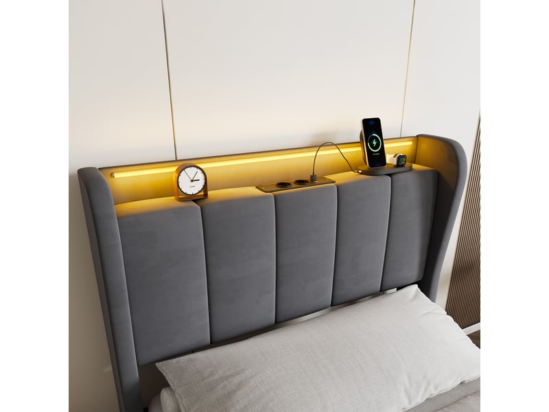  Lit coffre 90x200 cm avec tête de lit rangement, led et ports usb, velours gris foncé, sans matelas  - Conforama E