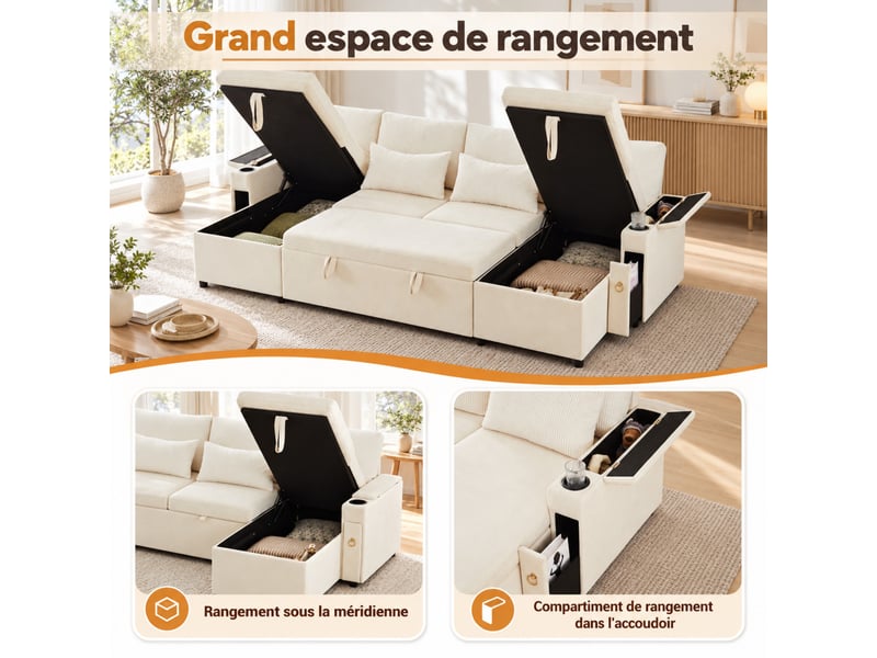  Canapé d’angle en u convertible 4 places 272 x 131 x 84 cm, rangements, porte-gobelets, 2 coussins, chenille, beige  - Conforama E