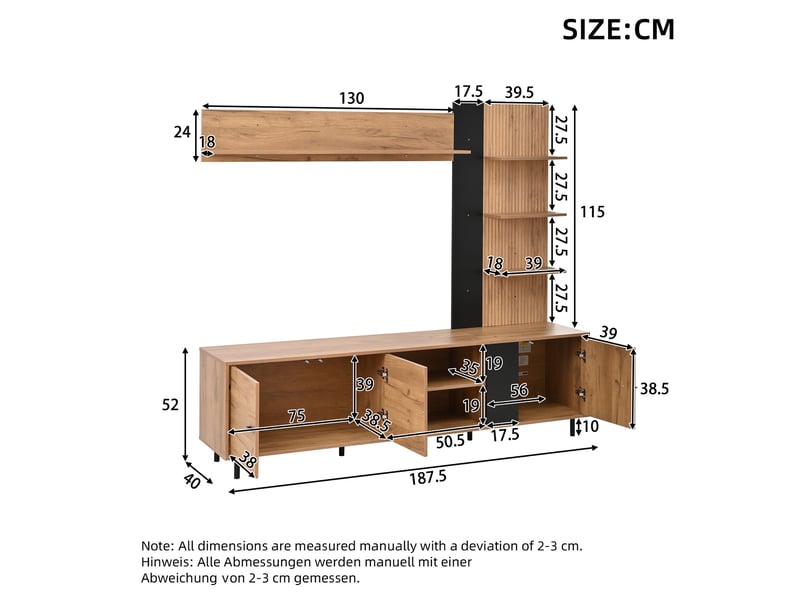  Ensemble meuble tv 187,5x40x167 cm élégant, 3 armoires et étagères ouvertes, panneau de particules, noir et bois  - Conforama C