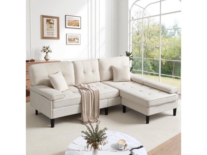 Canapé d'angle réversible 3 places avec fonction couchage et pouf mobile, en chenille beige clair, 195 × 149 × 86 cm - Conforama B