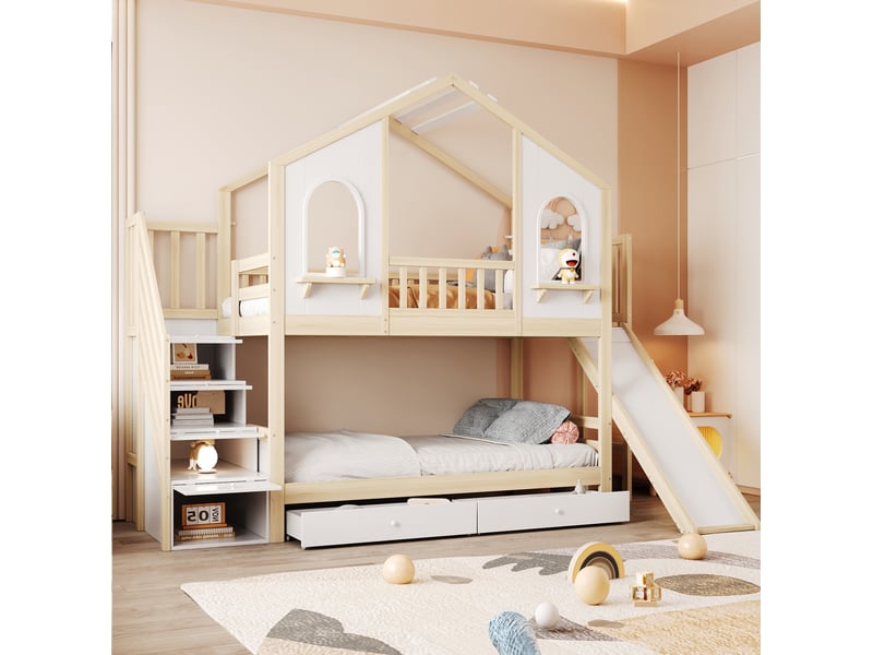  Lit superposé enfant 90x200 cm toboggan escalier rangement tiroirs, cadre maison, bois mdf, blanc naturel sans matelas  - Conforama E