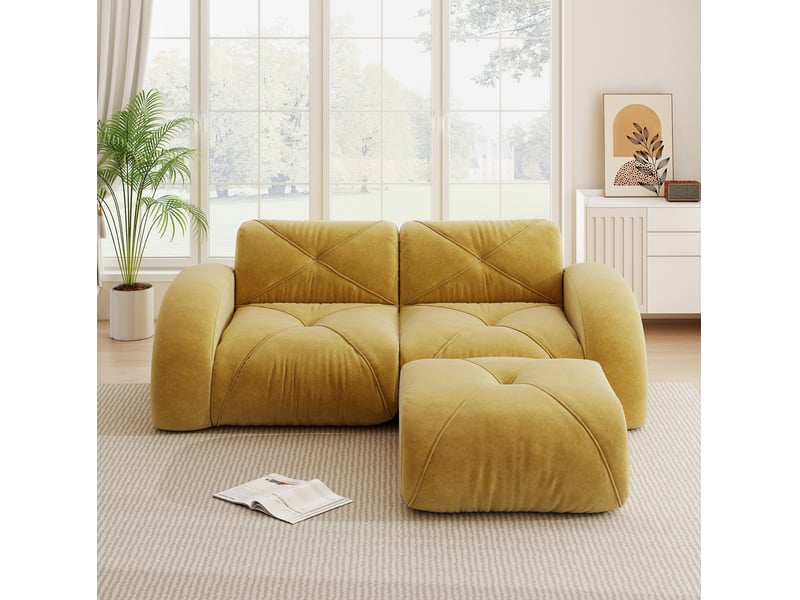  Canapé modulable 2 places en tissu jaune avec pouf, mousse haute densité 32d, idéal pour le salon familial  - Conforama E