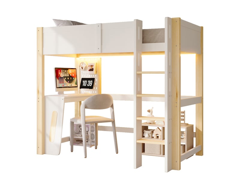  Lit mezzanine 90 × 200 cm en pin avec bureau, panneau perforé et bande led, sans matelas, naturel et blanc  - Conforama A