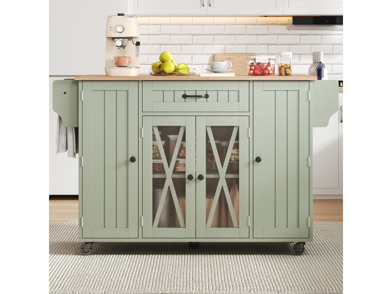 Îlot de cuisine mobile - 120x69x90 cm - sur roulettes - tiroirs - portes de rangement - rangement à vin - plateau rabattable - vert CozyNest - Conforama B