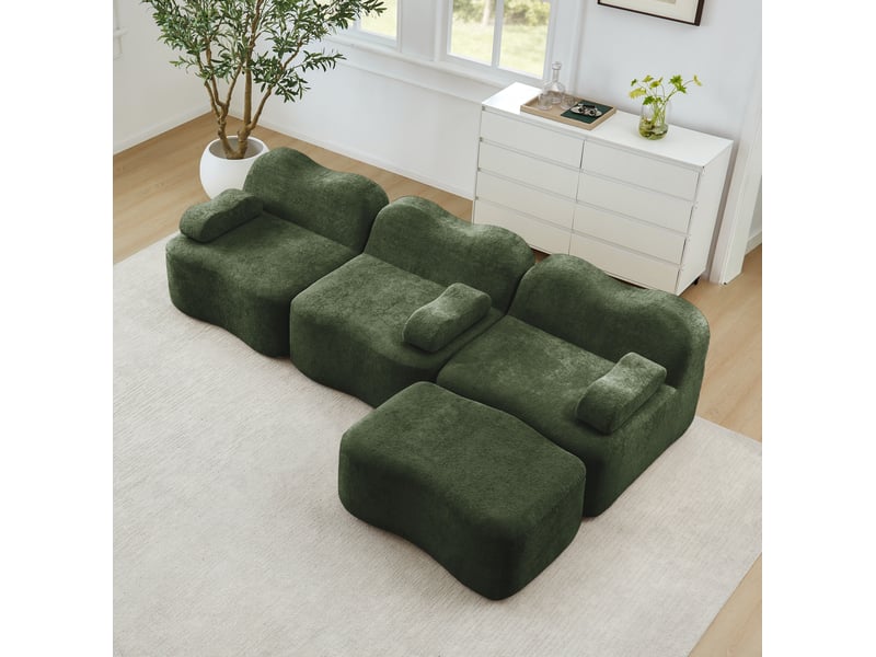 Canapé d'angle ulevr modulable 3 places avec pouf, velours vert, forme ondulée, 288 x 167 x 70 cm - Conforama D
