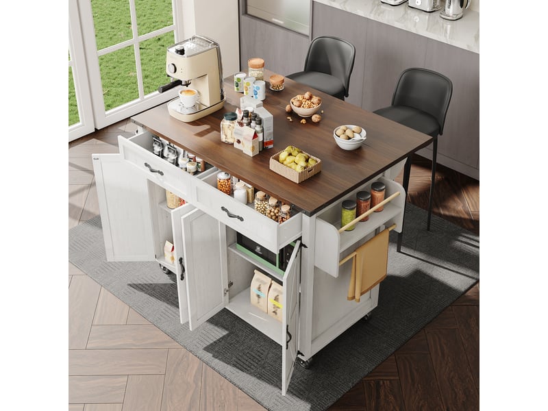 Îlot de cuisine pivotant à 360 degrés, table de bar sur roulettes extensible avec 3 tiroirs, blanc - Conforama C