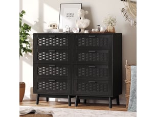 Commode 4 tiroirs effet rotin pvc - 55x40x95cm - meuble de rangement en bois - pieds bois - noir