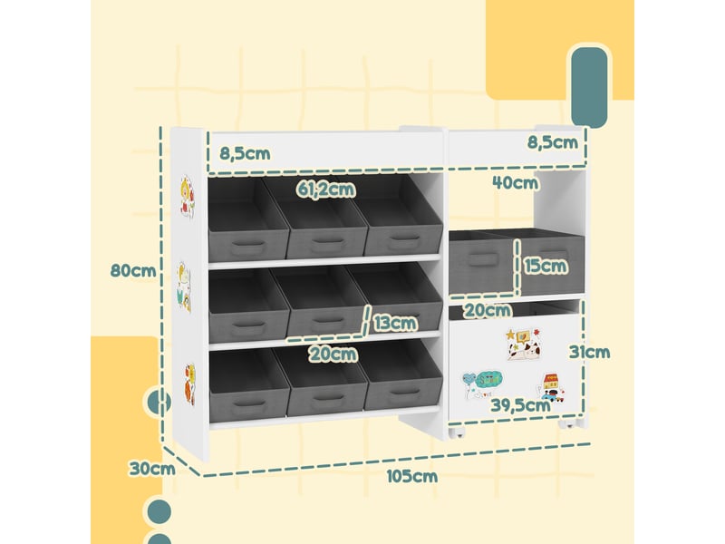  Organiseur pour enfants avec 11 paniers amovibles, compartiments et planches d'autocollants, 105 x 30 x 80 cm, blanc  - Conforama D