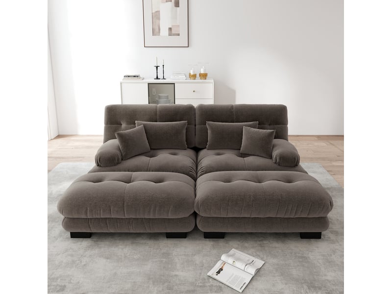 Canapé d’angle ulevr modulable 2 places en chenille marron, 220 x 145 cm, avec 2 ottomans mobiles et coussins  - Conforama D