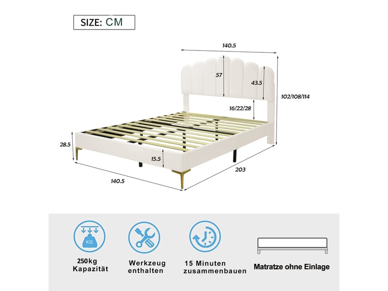  Lit capitonné en velours beige 140 x 200 cm  - Conforama C
