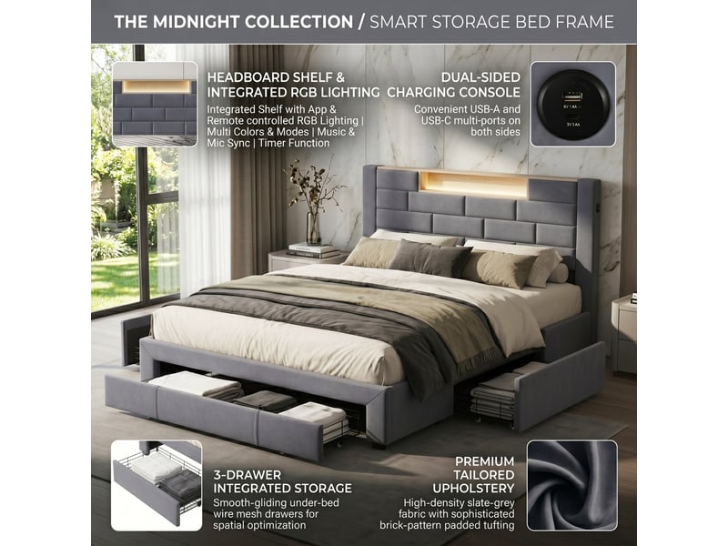 Dreammespace lit adulte 160x200 cm avec meuble de rangement 3 tiroirs, étagère led &amp; prises usb type-c, cadre velours gris DreamMespace - Conforama D