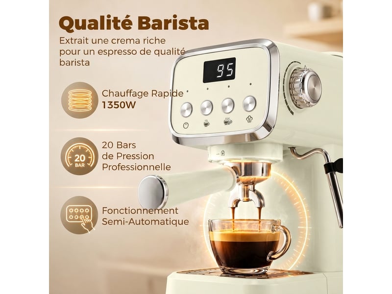 Machine à expresso avec buse vapeur à mousse de lait, cafetière 20bars, réservoir d'eau amovible 1,2 l, crème - Conforama D