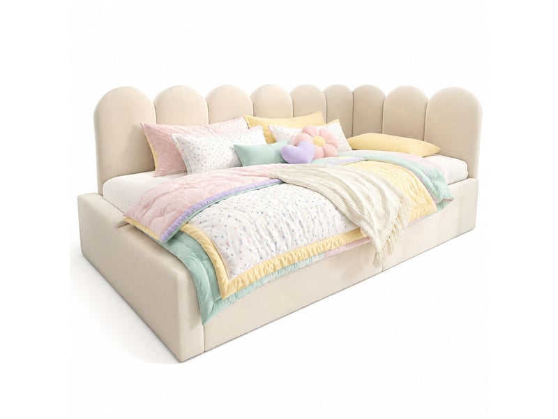  Lit banquette 200×90 cm avec rangement hydraulique, sommier à lattes métalliques, sans matelas, en velours beige  - Conforama A