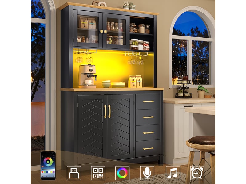  Meuble de cuisine muvano, buffet de cuisine 4 portes avec led, noir, 105,5 × 40 × 180 cm  - Conforama B