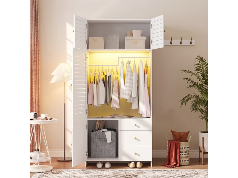  Armoire de rangement 90x50x200 cm avec portes battantes, penderie, panier à linge, led, 3 tiroirs et étagères, meuble chambre - pb-blanc  - Conforama E