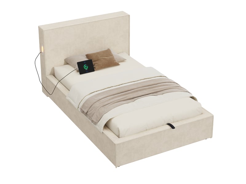  Lit simple enfant coffre 90x200 cm beige chenille, sommier à lattes inclus, ouverture hydraulique  - Conforama A