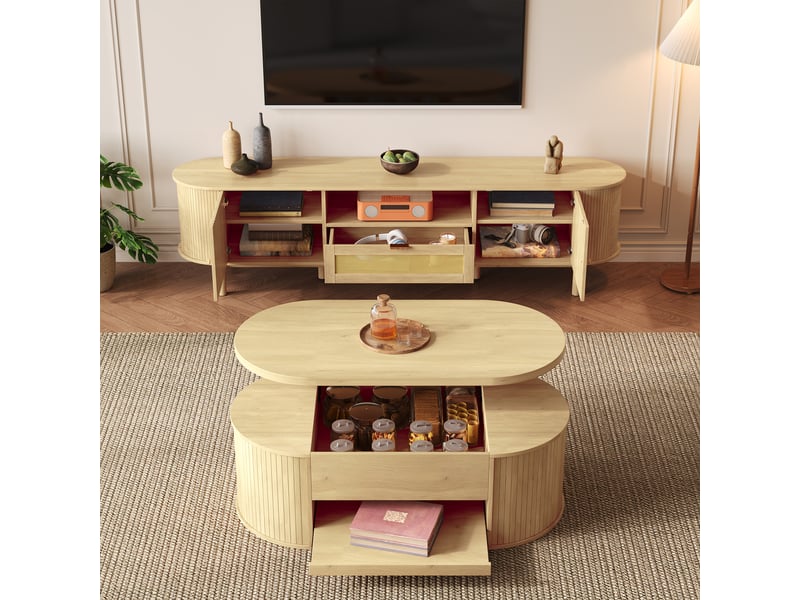  Ensemble de salon avec table basse relevable et meuble tv avec rangement en mdf naturel 110×55,5×40 et 175×36×41 cm  - Conforama C