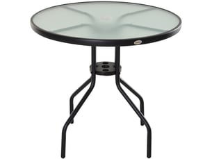 Table de jardin en acier noir avec plateau en verre trempé et trou pour parasol, ф80 x 72 cm