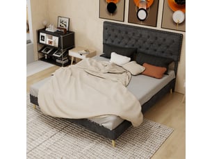 Lit 160x200 cm gris tête molletonnée structure basse multifonction sans sommier gaz ni matelas