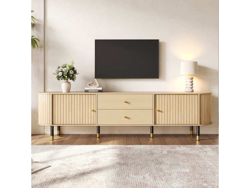 Meuble tv bas 180x40x58 cm en bois, 2 portes coulissantes, 2 tiroirs, design rayures verticales, rangement salon pour tv 75 pouces - bois naturel  - Conforama E