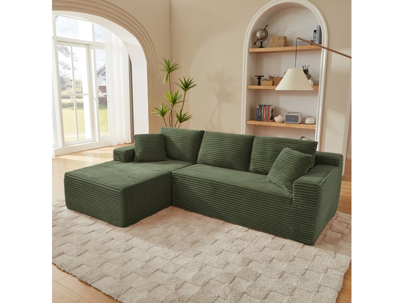  Canapé d’angle modulaire 4 places avec méridienne et coussins amovibles, en mousse et ressorts vert  - Conforama B