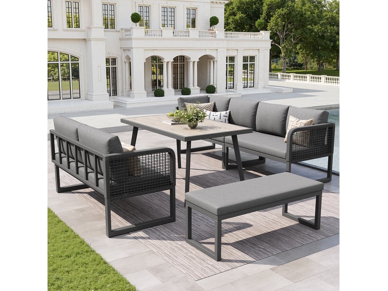 Salon de jardin modulable 6 à 8 places 110 x 60 cm – gris – coussins épais lavables et banc inclus - Conforama B