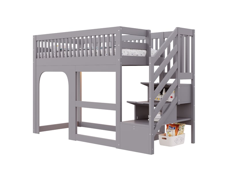  Lit mezzanine enfant 90 × 200 cm 1 place avec escalier de rangement, led et barrières, sans matelas, gris  - Conforama A