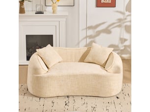 Canapé droit 2 places courbé avec accoudoirs, soutien ergonomique et 2 coussins, mousse et ressorts beige