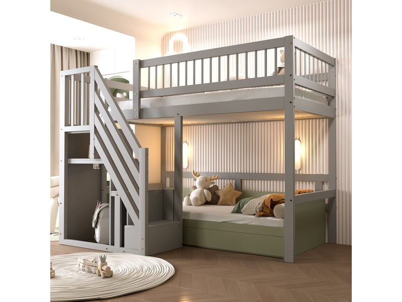  Lit mezzanine enfant 90 × 200 cm 1 place avec escalier de rangement, sans matelas, en bois massif, gris  - Conforama E