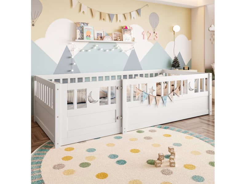  Lit enfant 90 x 190 cm barrière avec serrure 48 cm décor étoiles lune style minimaliste pin blanc sans matelas  - Conforama W