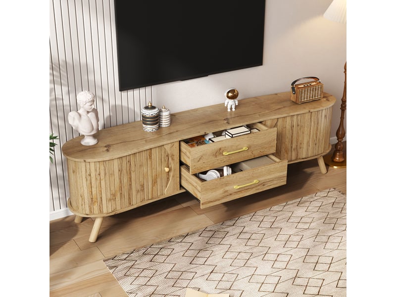  Meuble tv 160x36,5x55 cm, 2 tiroirs, portes coulissantes, façades texturées, pieds bois, grand rangement pour salon - naturel  - Conforama D
