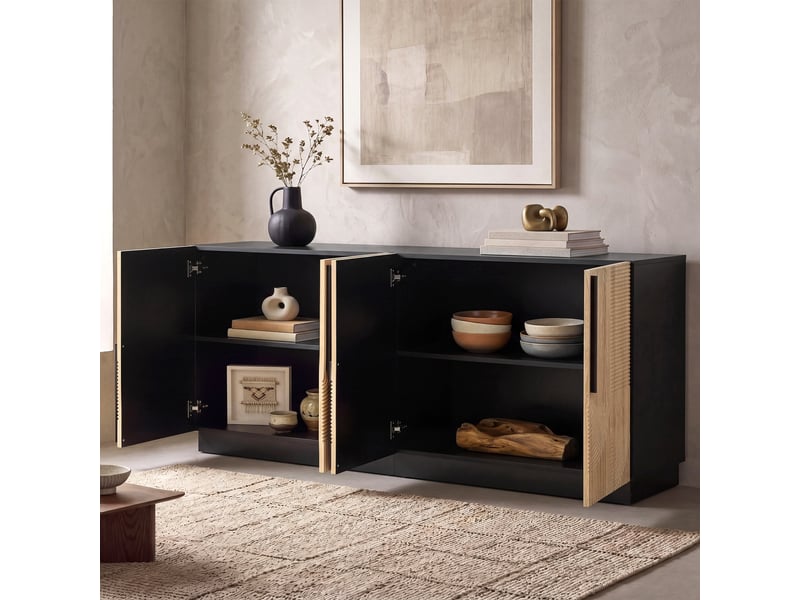  Buffet 4 portes avec façade relief, poignées métal, structure mdf et panneaux, pour salon ou salle à manger  - Conforama B