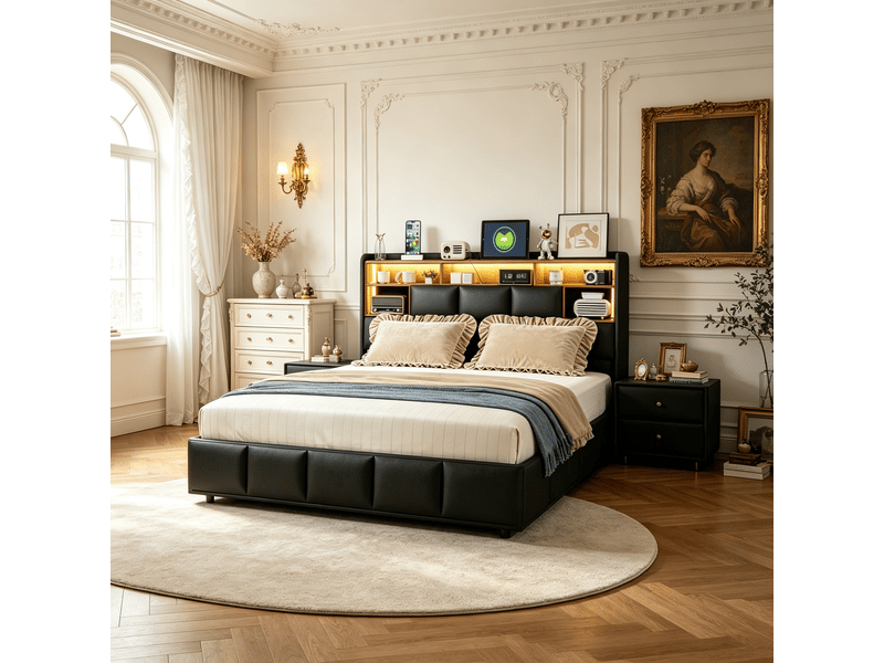  Lit coffre 140x190 cm noir en pu avec tête de lit usb et led réglable - rangement hydraulique, sommier à lattes, lit adulte 2 places, 250 kg  - Conforama C