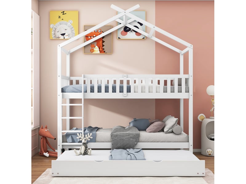 Lit superposé cabane 90x200 cm blanc avec lit gigogne - Conforama D