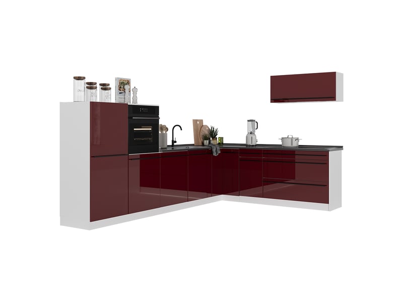 Vicco cuisine en angle, rouge brillantblanc, 327 x cm plan de travail chêne doré - Conforama E
