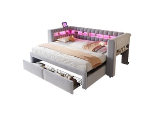 Lit banquette extensible 90180 x 190 cm,tiroirs, led, prises usb et type-c, velours gris clair