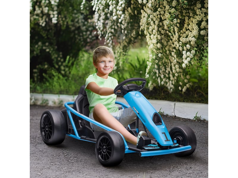 Karting électrique pour enfants de 8 à 12 ans avec dossier haut et ceinture de sécurité, 115 x 77 x 54 cm, bleu et noir - Conforama C
