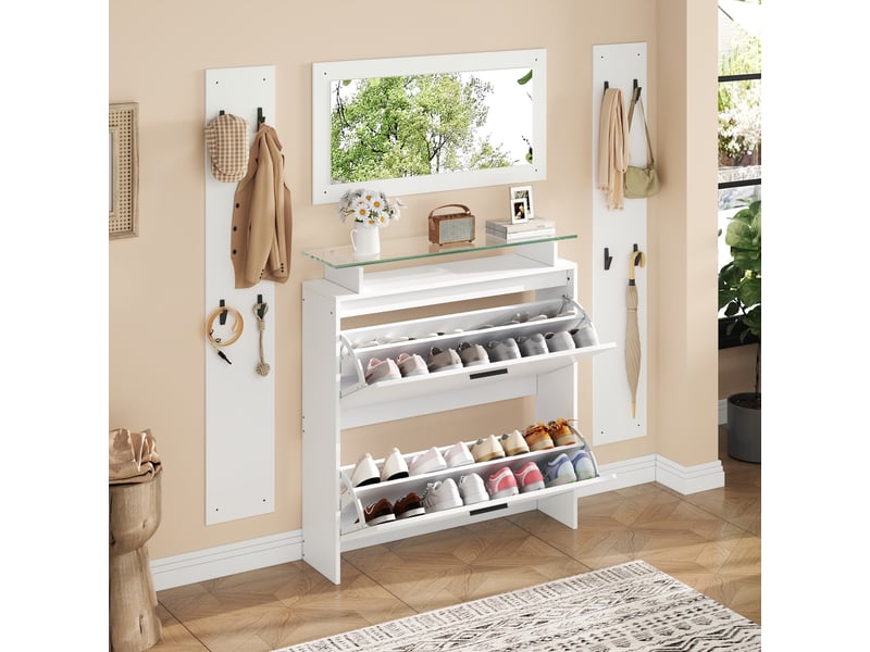  Ensemble d'entrée 4 pièces blanc, meuble à chaussures brillant, miroir, étagère en verre trempé et 8 patères pour couloir  - Conforama B