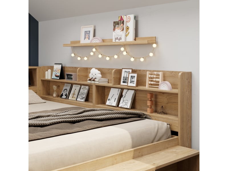  Lit enfant 90x200 cm naturel contreplaqué avec sommier à lattes rangements tiroirs étagères armoires charge sans fil sans matelas Sol Morn - Conforama D