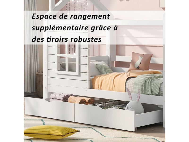  Lit cabane enfant 90x200 bois massif blanc avec tiroirs de rangement et barrière  - Conforama E
