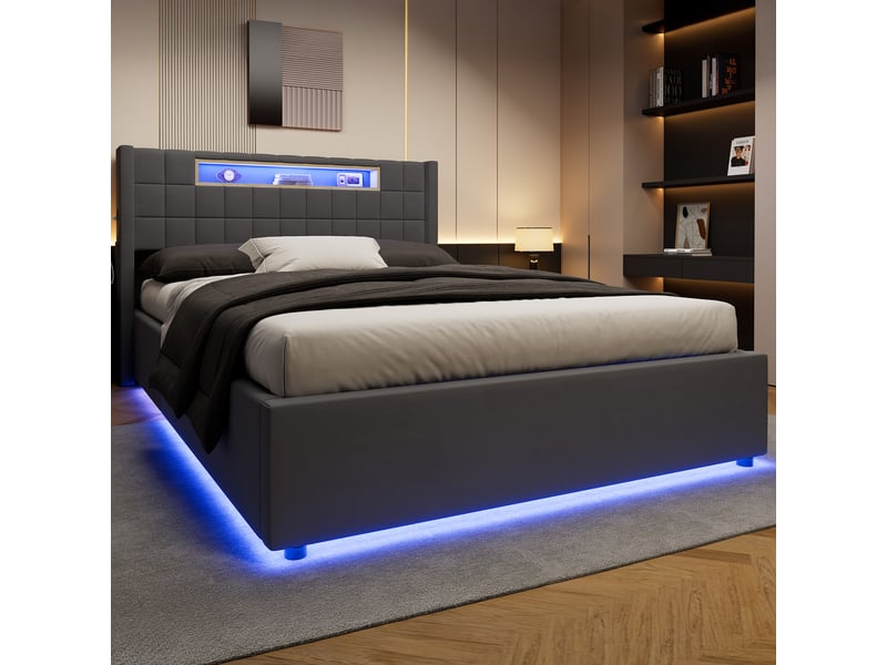  Tcqpz lit coffre rembourré 140x200 cm en velours gris avec led et ports de charge  - Conforama D