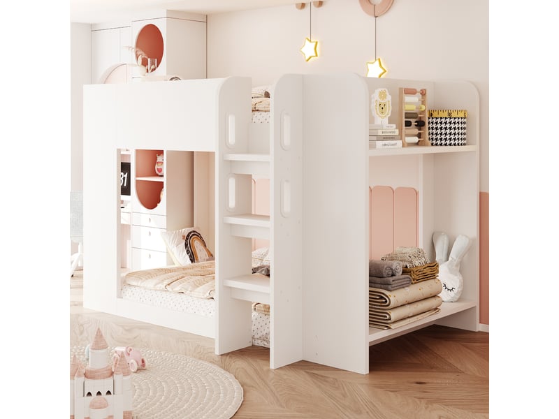  Lit superposé enfant 90x200 cm - avec barrières de sécurité - avec échelle - avec compartiments de rangement - blanc (matelas non inclus)  - Conforama E