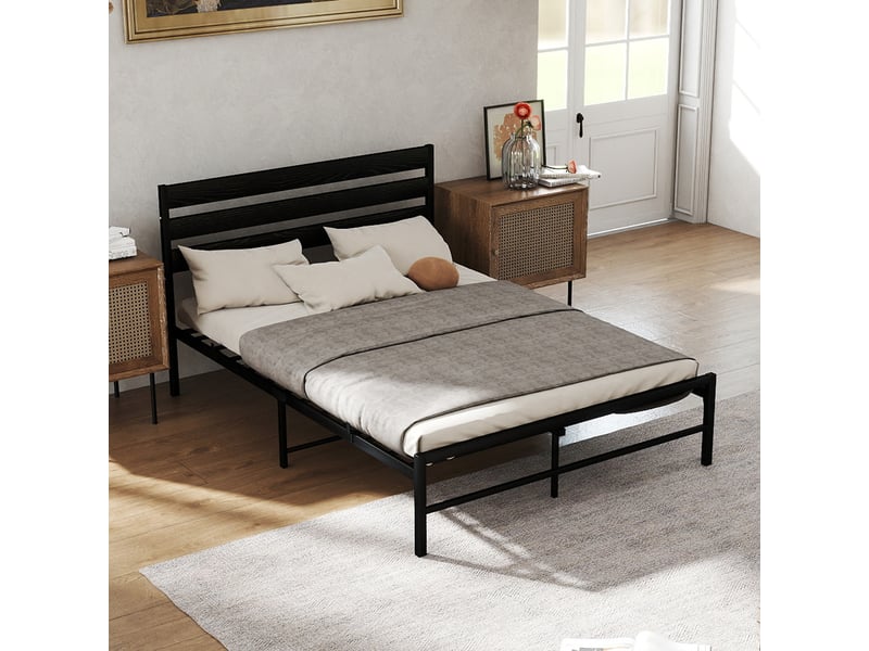 Lit 2 places 140x200 cm métal noir, tête de lit ajourée 3 panneaux, sommier à lattes inclus - Conforama D